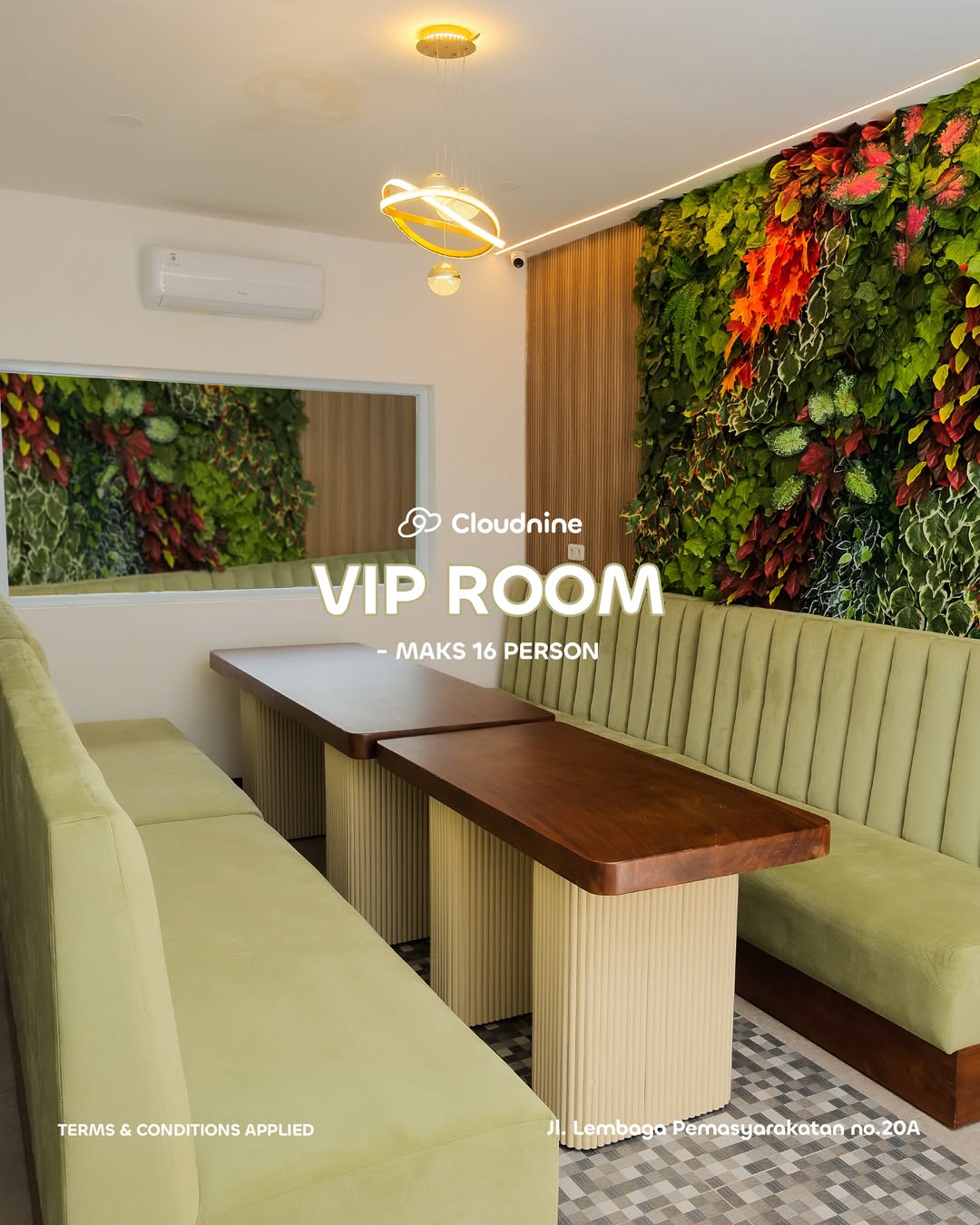 Cloudnine Space VIP room — spacious seating for up to 16 persons with green wall and modern lights